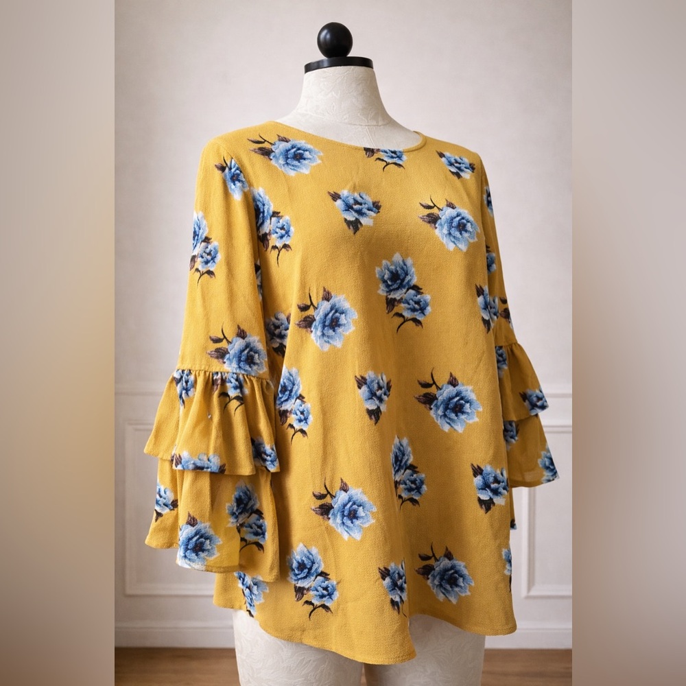 Mustard Yellow Floral Ruffle Sleeve Top